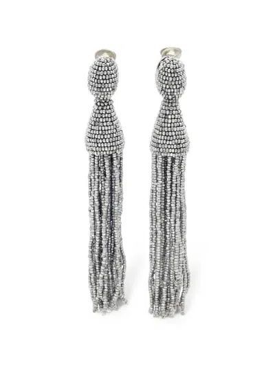 Pre-owned Oscar De La Renta Beaded Tassel Earrings In Silver