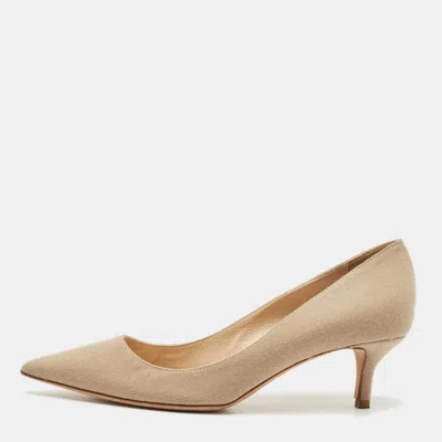 Oscar De La Renta Beige Canvas Pointed Toe Pumps In Sand