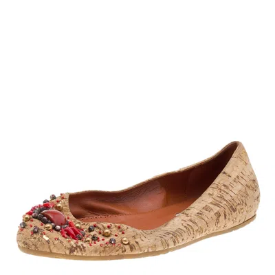 Oscar De La Renta Beige Leather Embellished Flats In Multi