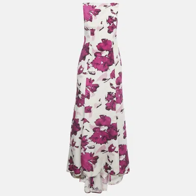 Pre-owned Oscar De La Renta Beige Watercolor Printed Silk Maxi Dress M In Sand