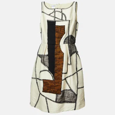 Pre-owned Oscar De La Renta Beige Wool Embroidered Mini Dress L In Sand