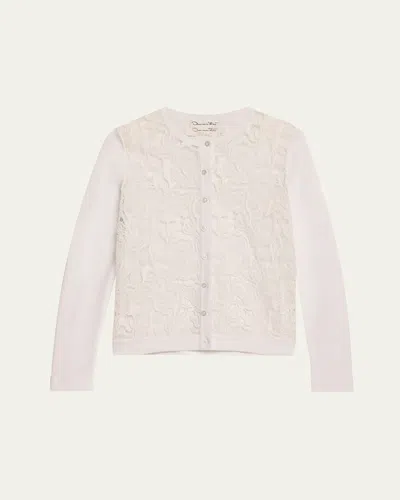 Oscar De La Renta Bellflower Guipure Inset Crewneck Cardigan In White