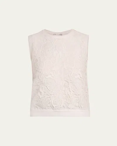 Oscar De La Renta Bellflower Guipure Inset Knit Tank Top In White