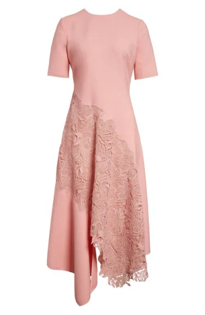 Oscar De La Renta Bellflower Guipure Lace & Stretch Virgin Wool Blend Midi Dress In Tea Rose