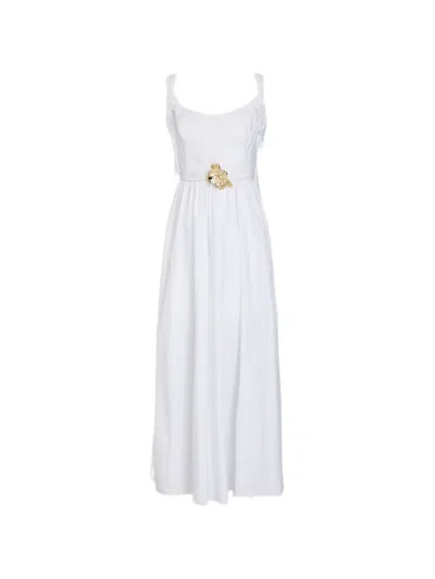 Oscar De La Renta Floral Belt Cotton Poplin Dress In White