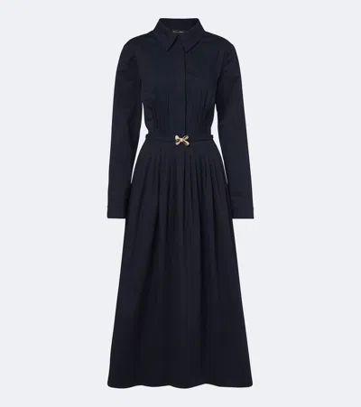 Oscar De La Renta Bow-belt Pleated Flared Midi Shirt Dress In Blue