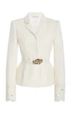 Oscar De La Renta Belted Embroidered Tweed Jacket In Ivory