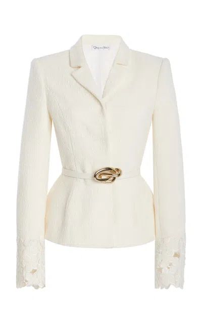 Oscar De La Renta Belted Embroidered Tweed Jacket In Ivory