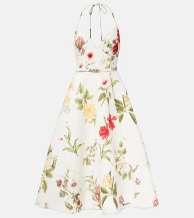 Oscar De La Renta Belted Floral Faille Cocktail Dress In White