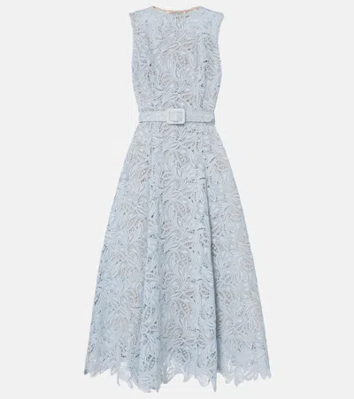 Oscar De La Renta Belted Floral Lace Midi Dress In Blue
