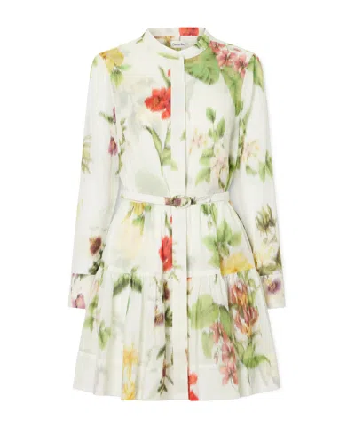 Oscar De La Renta Belted Floral-print Cotton-voile Mini Dress In White