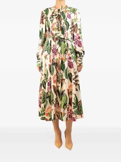 Pre-owned Oscar De La Renta Belted Floral-print Midi Dress In Neutrals