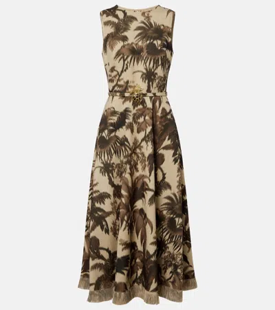Oscar De La Renta Sleeveless Chine Palm-print Belted Midi Dress In Multi