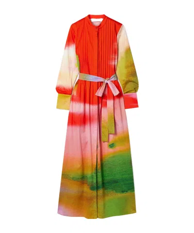 Oscar De La Renta Belted Pintucked Printed Cotton-blend Poplin Maxi Dress In Red