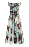 Oscar De La Renta Belted Pleated Cotton Poplin Midi Dress In Blue
