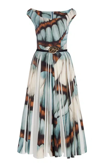 Oscar De La Renta Belted Pleated Cotton Poplin Midi Dress In Blue