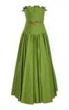 Oscar De La Renta Belted Pleated Cotton Twill Maxi Dress In Green