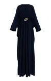 Oscar De La Renta Belted Stretch-silk Maxi Dress In Navy