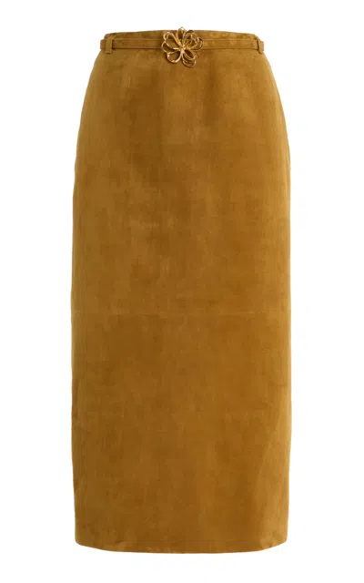 Oscar De La Renta Belted Suede Midi Skirt In Gold