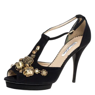 Oscar De La Renta Black Fabric Embellished Platform Ankle Strap Sandals