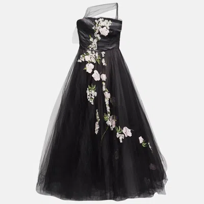 Pre-owned Oscar De La Renta Black Floral Embroidered And Appliqued Tulle Halter Neck Gown M