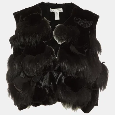 Pre-owned Oscar De La Renta Black Fur Detail Satin Sleeveless Coat L