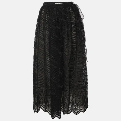 Pre-owned Oscar De La Renta Black Lace And Leather Midi Skirt M