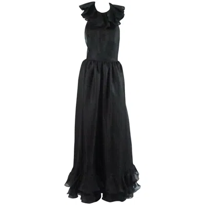 Pre-owned Oscar De La Renta Black Linen Halter Gown With Ruffles, 1990s
