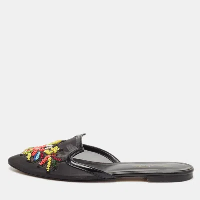 Oscar De La Renta Black Mesh And Patent Leather Embellished Flat Mules