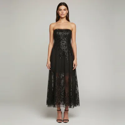 Pre-owned Oscar De La Renta Black Mesh Embroidered Strapless Dress S