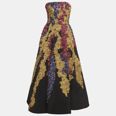 Pre-owned Oscar De La Renta Black Multicolour Embellished Strapless Gown S