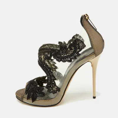 Oscar De La Renta Black Pvc Patent Leather And Mesh Ambria Peep Toe Pumps