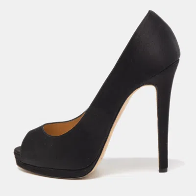 Pre-owned Oscar De La Renta Black Satin Platform Peep Toe Pumps Size 38.5
