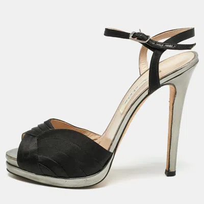 Oscar De La Renta Black Satin Pleated Ankle Strap Sandals