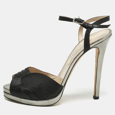 Pre-owned Oscar De La Renta Black Satin Pleated Ankle Strap Sandals Size 38.5