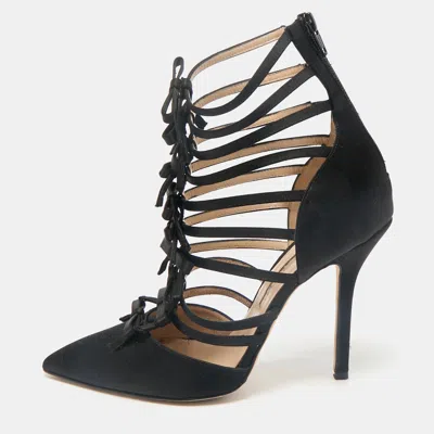 Pre-owned Oscar De La Renta Black Satin Strappy Pumps Size 38