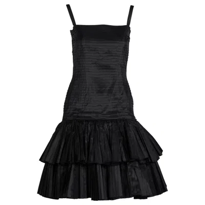Pre-owned Oscar De La Renta Black Silk Taffeta Pleated Ruffle Cocktail Dress, 1980s