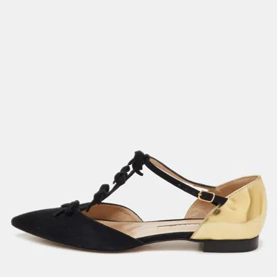 Oscar De La Renta Black/gold Suede And Leather Bow Accents Flats