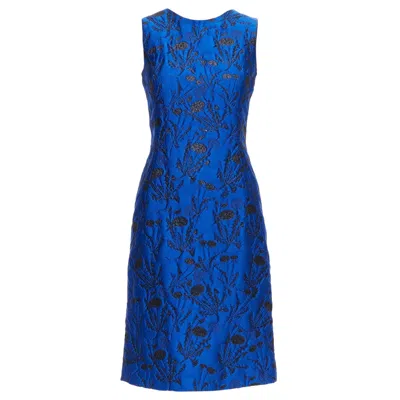 Pre-owned Oscar De La Renta Blue Black Lurex Floral Cloque Midi Dress Us0 Xs