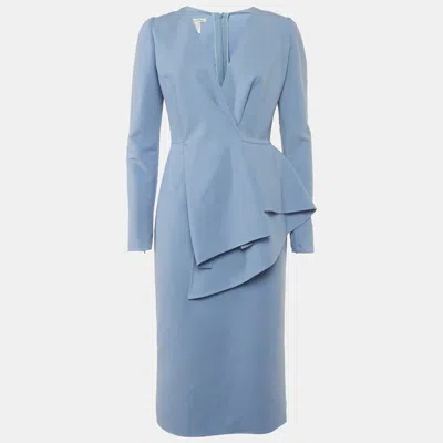 Pre-owned Oscar De La Renta Blue Crepe Ruffled Midi Dress Xl