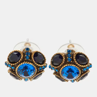 Pre-owned Oscar De La Renta Blue Crystal Gold Tone Stud Earrings