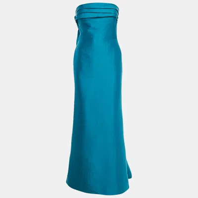 Pre-owned Oscar De La Renta Blue Silk Blend Bow Detail Strapless Gown S