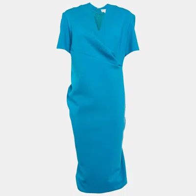 Pre-owned Oscar De La Renta Blue Wool Ruched Midi Dress Xl