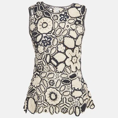 Pre-owned Oscar De La Renta Blue/cream Patterned Crochet Top M