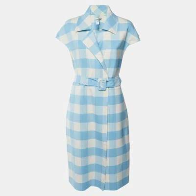 Pre-owned Oscar De La Renta Blue/white Check Print Wool Blend Long Coat L