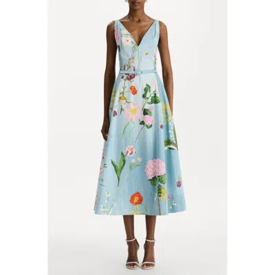 Oscar De La Renta Botanical Belted Poplin Midi Dress In Blue Multi