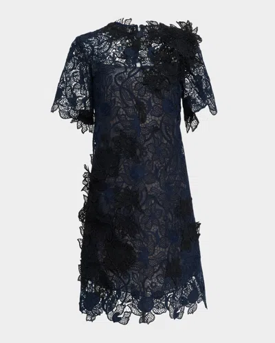 Oscar De La Renta Botanical Guipure Short-sleeve Mini Dress In Blue