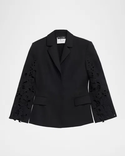 Oscar De La Renta Botanical Guipure Single-breasted Tailored Jacket In Black