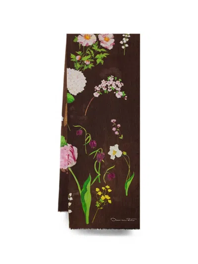 Oscar De La Renta Botanical-print Frayed Scarf In Brown