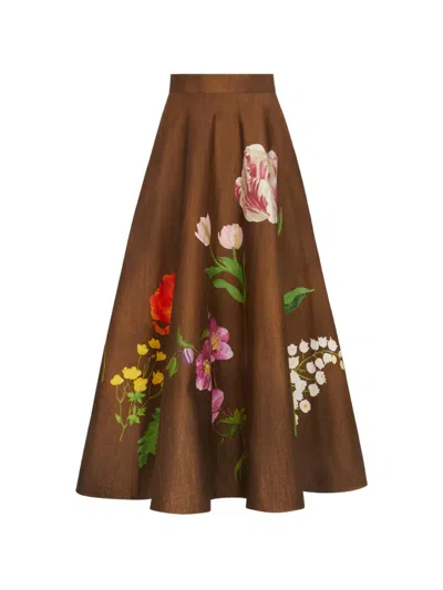 Oscar De La Renta Floral-print Cotton-poplin High-waist Midi Skirt In Brown